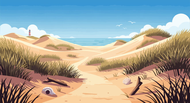 Beautiful Coastal Beach Landscape with Sand Dunes, Marram Grass, and Distant Lighthouse under Blue Sky Vector Illustration