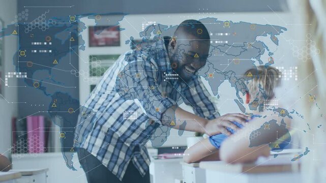 Male teacher entering class leaning over kid supporting learning as faint map and data overlay view