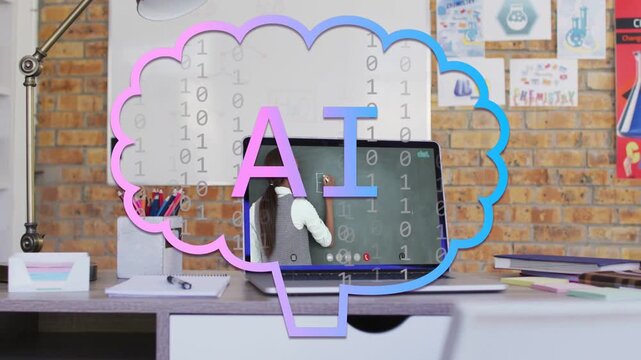 Teacher raising arm, writing on board, AI cloud hovering over laptop streaming binary for education