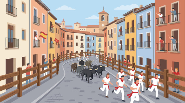 Flat design of a traditional Pamplona street during the Running of the Bulls, captured in a clean and minimal vector style.