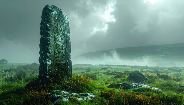Ancient Celtic Ogham Inscription Carved on a Vertical Standing Stone in a Misty, Rural Landscape