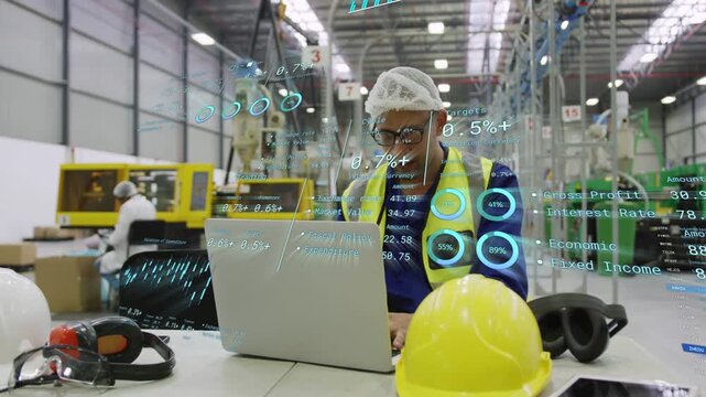Male worker typing at laptop on plant, causing charts to appear for QC and sipping drink