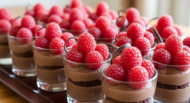 Delicious layered dessert with fresh raspberries in small glass cups close up