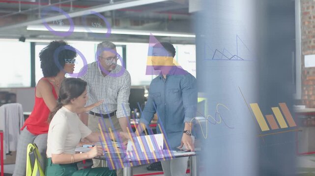 Design team reviewing docs newcomer entering right showing moving glass charts and agreeing steps