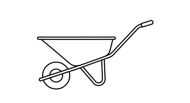 A simple line drawing depicts a classic wheelbarrow showcasing its utilitarian design and familiar form high quality professional