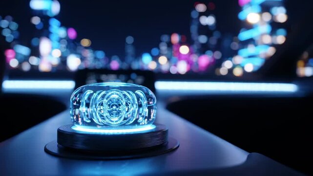 Static Locked-off Shot of Glowing Crystal Smart Dial with Ultra-wide Futuristic Smart City Night Background
