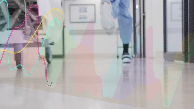 Doctor stepping into running down medical corridor passing bed, waves rising below, answering alarm