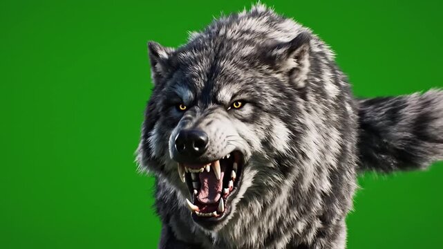 Gray wolf with open mouth and sharp teeth.