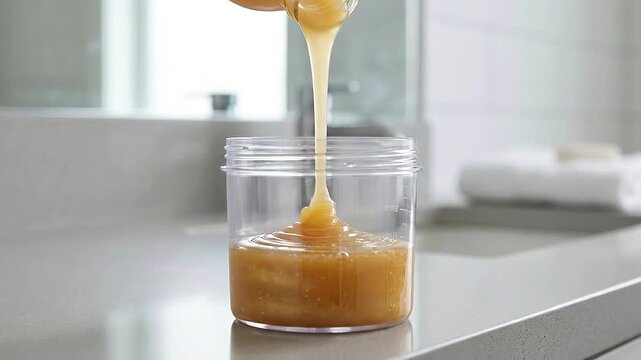 Creamy caramel pour refill station lifestyle container jar bathroom counter smooth indulgent golden honey pour refill station lifestyle jar