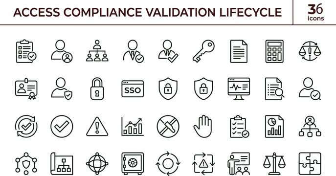 Access compliance validation lifecycle outline icon set identity governance authorization audit verification regulatory monitoring interface vector collection toolkit