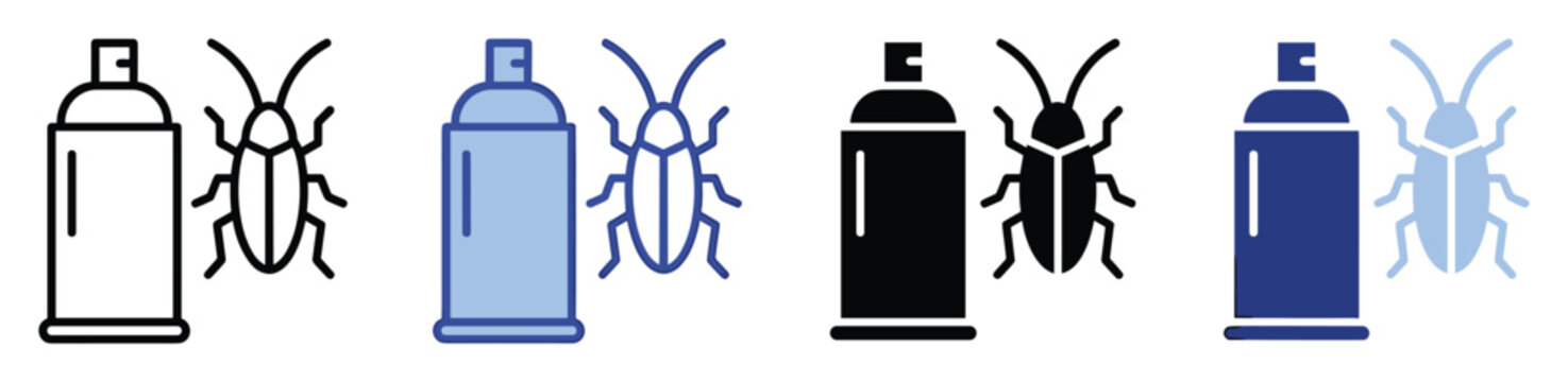Pest control spray can and cockroach insect extermination icon set for insecticide product packaging and service applications