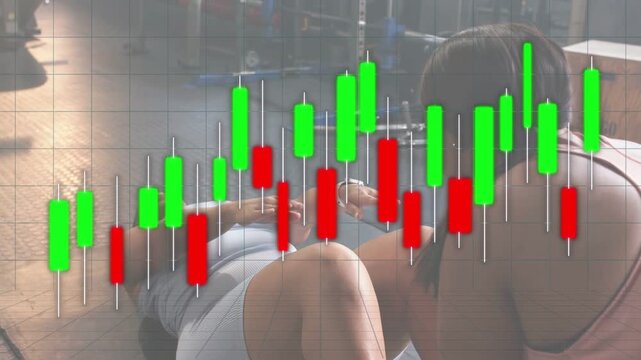 Pair doing sit-ups for core, reaching to hold hands then high-fiving, faint finance chart obscuring
