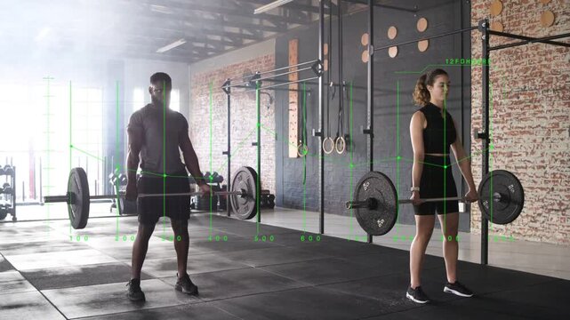 Female trainee adjusting grip and male trainee lifting and lowering barbells, repeating for fitness
