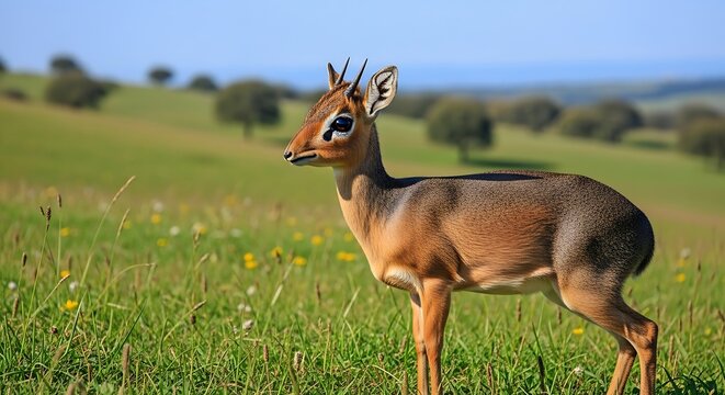 Dik dik antelope grazing in a green meadow under a blue sky