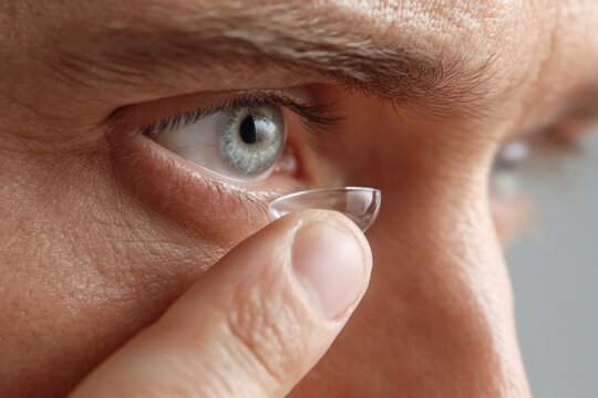 Hand gently holds contact lens near open eye