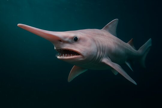 Fierce sawfish swimming through dark ocean waters with sharp teeth