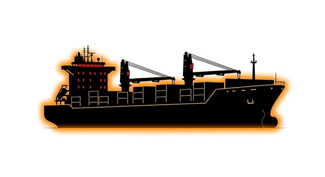 silhouette of industrial cargo ship at sunset with golden sky
