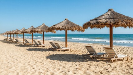 Fototapeta premium Row of Thatched Umbrellas and Lounge Chairs on Sunny Beach