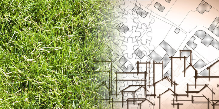 From nature to a new city - concept image with a green grass area that fades on the map of an imaginary city with buildings and roads - nature becomes a city in jigsaw puzzle shape.