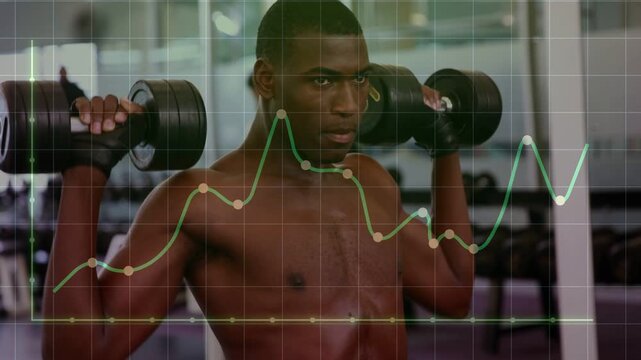 Man gripping handles and pulling, contracting upper back while animated chart tracking fitness data