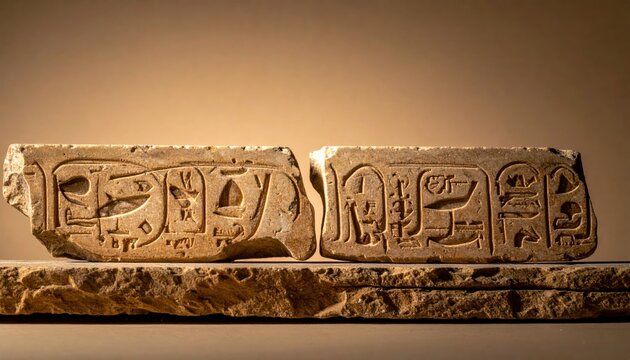Ancient Egyptian Hieroglyphics Carved Into Stone Fragments Displayed On A Rough Base