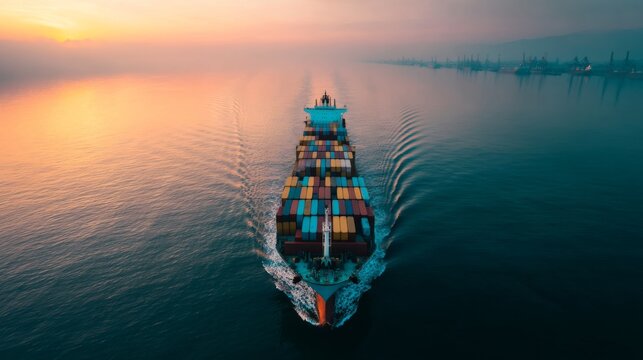 Container ship navigating calm waters at sunset with colorful cargo and a serene horizon, symbolizing global trade and maritime logistics