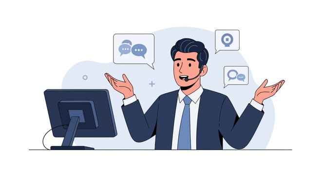 Customer service agent with headset, computer, and chat icons, representing online support and communication.