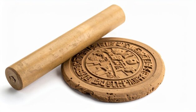 Ancient Sumerian cylinder seal impression with intricate cuneiform text and rolling tool