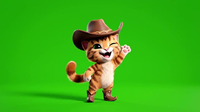 Cartoon cat in cowboy hat on green screen background