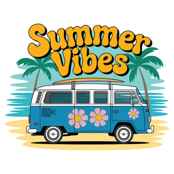 Retro Summer Vibes Illustration with Vintage Surf Van, Palm Trees, and Tropical Beach Background