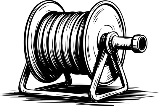 Metal hose reel with coiled garden hose, equipment for watering and outdoor maintenance tasks