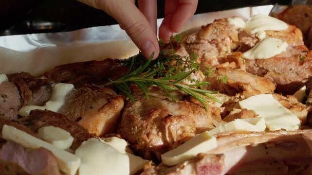 A lamb is arranged on a tray and surrounded by various herbs. The tray is prepared for cooking in the oven. This process shows how to get ready for a meal.