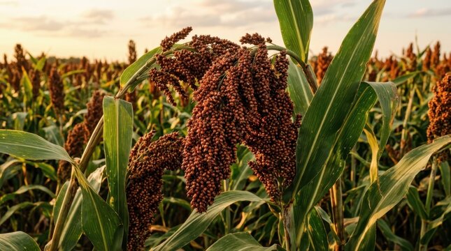 Ripe sorghum field with golden sunlight at sunset