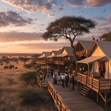 Photorealistic luxury safari lodge at golden hour, elevated canvas tents with wooden decks on stilts connected by a long wooden boardwalk, guests with luggage walking and gathering, vast African savan
