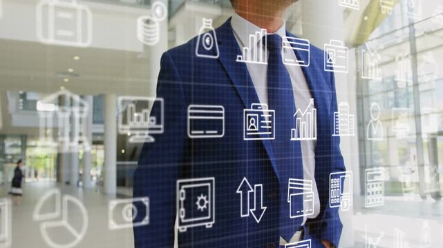 Camera panning up, exec walking holding briefcase, pausing, reflecting with floating finance icons