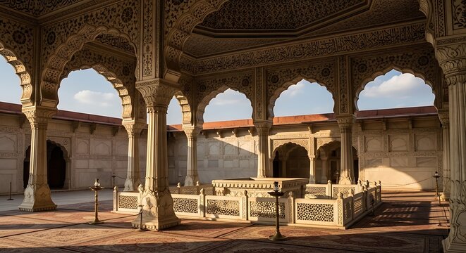 Ornate pavilion interior with arched columns and decorative details daylight
