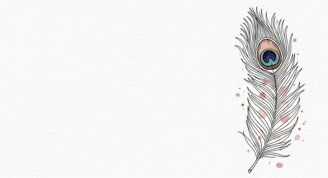 Hand drawn peacock feather illustration with colorful eye and delicate lines on white background perfect for decorative designs and artistic projects