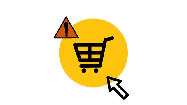 Online purchase scamming concept with clicking shopping cart icon followed by alert warning sign