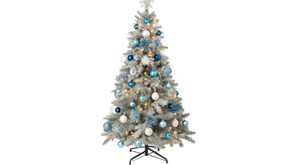 Obraz premium White and blue Christmas tree with decorations and lights isolated on transparent background 