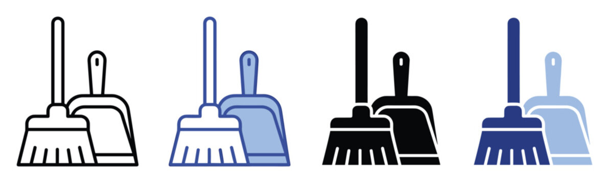 Household cleaning broom and dustpan set icons representing domestic tasks and sanitation for various professional service applications