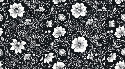 Intricate black and white floral pattern with swirling vines and decorative motifs for textiles and design. © Kyle