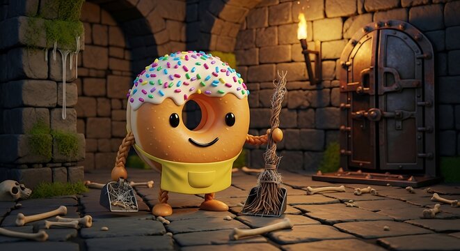 Animated pastry character with sprinkles in a dungeon setting, holding cleaning tools, surrounded by bones and torchlight