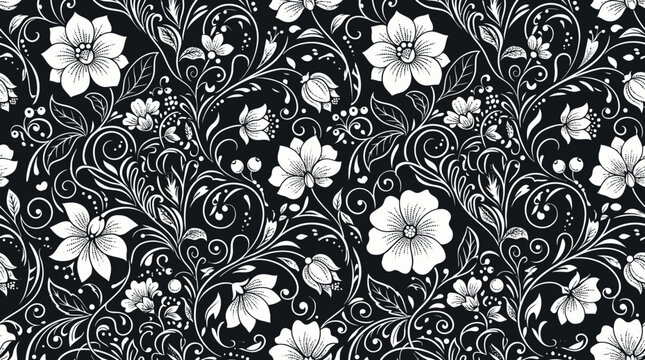 Intricate black and white floral pattern with swirling vines and decorative motifs for textiles and design.
