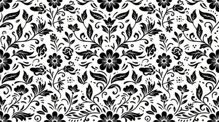 Intricate black and white damask floral pattern suitable for seamless textile designs. © Kyle