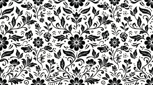 Intricate black and white damask floral pattern suitable for seamless textile designs.