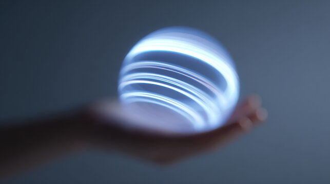 Glowing data sphere floating above hand with soft blue light and blurred background creating futuristic and mysterious