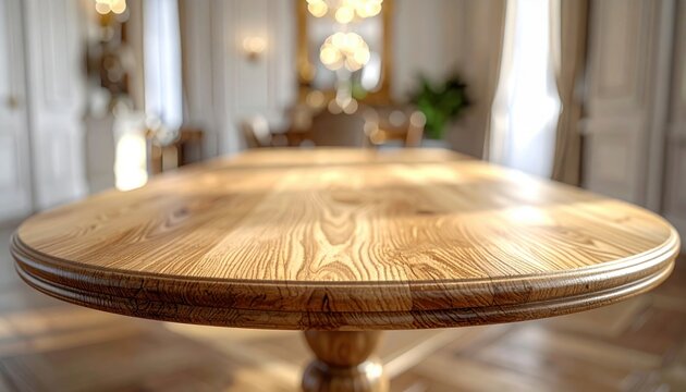 Beautifully polished wooden dining table surface reflecting soft light, highlighting natural grain and texture.