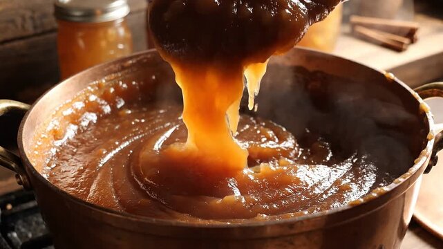 Apple butter being stirred in a copper pot on a stove 4k video