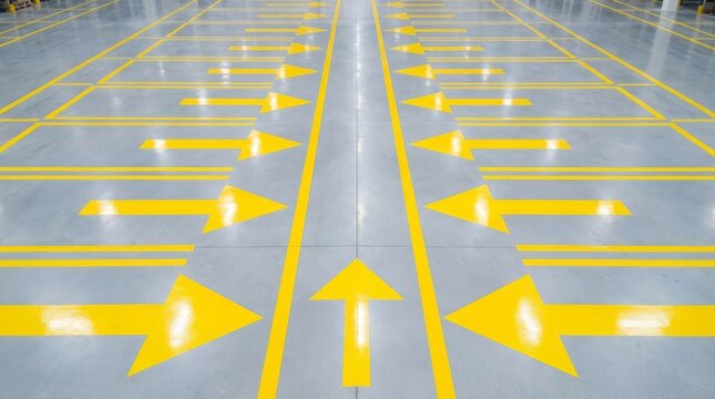 Yellow directional arrow markings on gray industrial warehouse floor with symmetrical traffic flow pattern and polished concrete surface in modern logistics facility