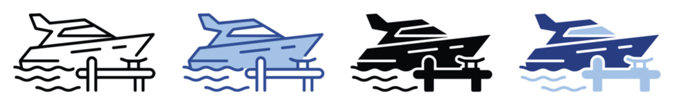 Modern yacht boat docked at a pier with water waves icon graphic for marine travel and port services applications